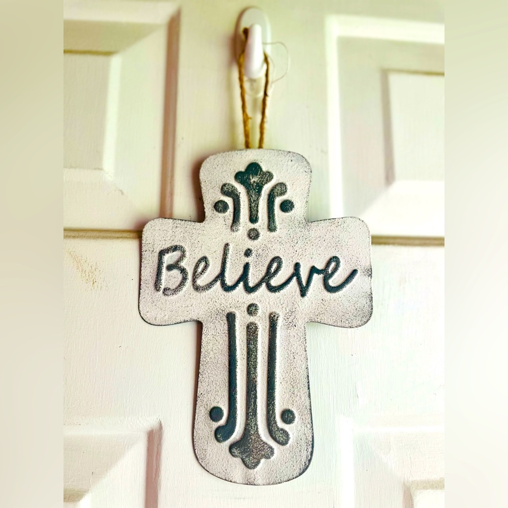 *Believe Distressed Metal Cross Dotted Ornament